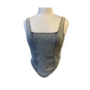 Camellia Pointed Blue Acid Denim Bustier Corset Crop Top Women's L Sexy Y2K